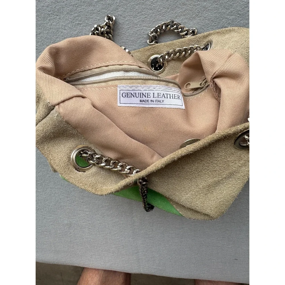 Made in Italy Suede Leather Bucket Bag Colorblock Multi Green Boho Chain Strap